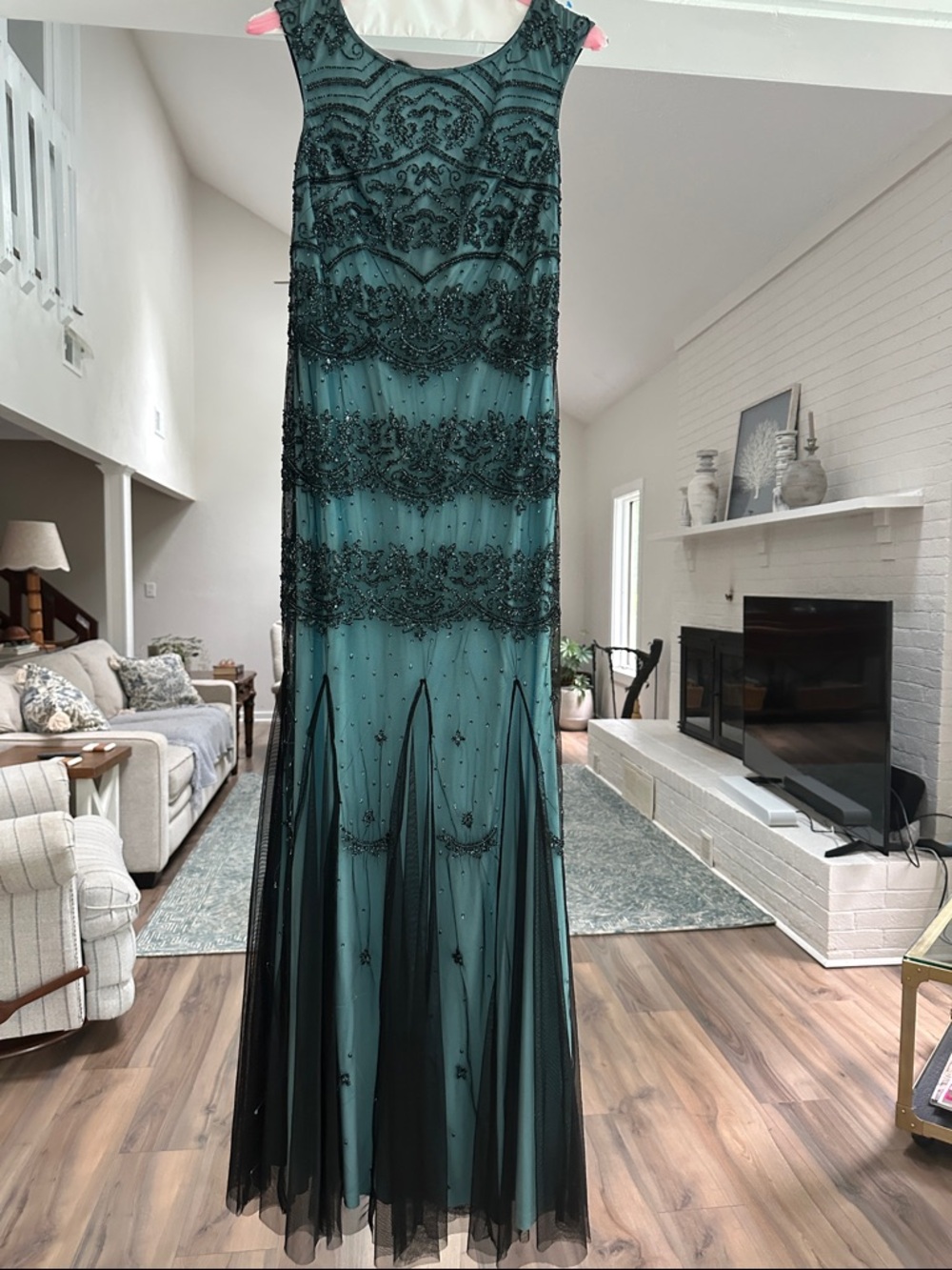 Adrianna Papell Teal Evening Gown with Black Beaded Overlay